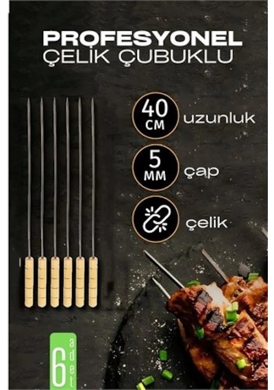 Çelik Şiş Çubuğu - Mangal Şişi Ahşap Saplı Kebap Şişi 6 Adet 721985