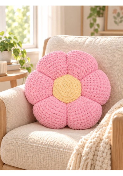 El Yapımı Örgü Çiçek Yastık Yumuşak Dokulu Dekoratif Papatya Kırlent 30 Cm Pembe