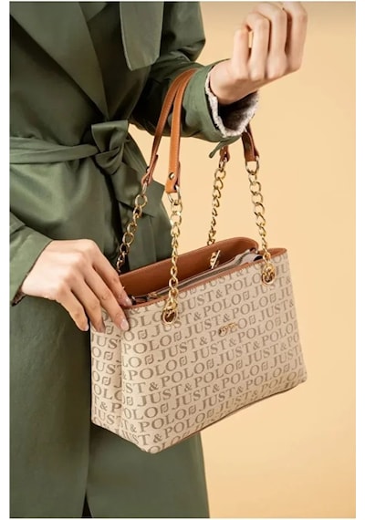 Just Polo Orijinal Kadın 3 Bölmeli Zincir Detaylı Ayarlanabilir Askılı Lüks El & Omuz Çantası Shoulder Bag Kum - Taba