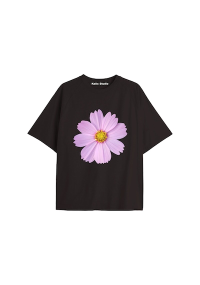 Kalic Studio Kadın Çiçek Özel Baskılı Renkli Oversize Penye Pamuklu Bisiklet Yaka T-shirt Siyah-11