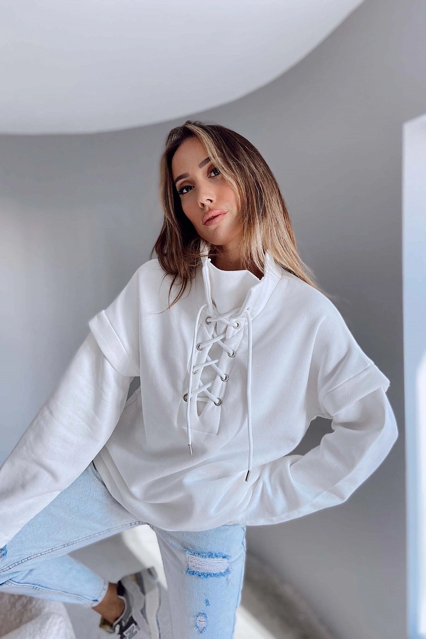Kadın Yakası Bağcıklı Scuba Oversize Spor Şık Tasarım Sweatshirt Beyaz
