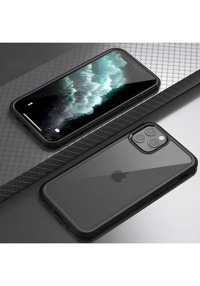Apple Uyumlu iPhone 11 Pro Max Kılıf Dor Silikon Temperli Cam Kapak Siyah