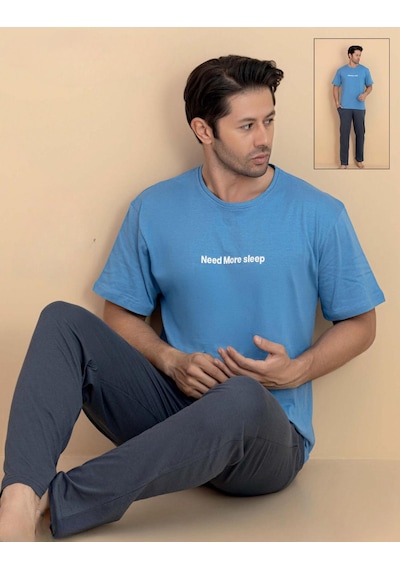 Pijamerry Erkek Bisiklet Yaka Kısa Kol Penye Pijama Takımı 6319 - 1 Adet Mavi