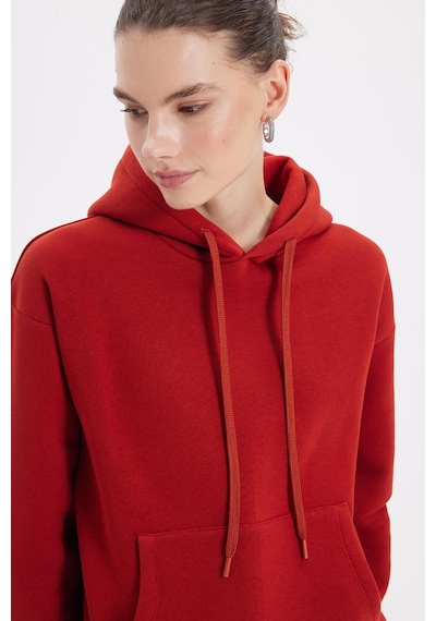 Tudors Kadın Oversize Geniş Kesim Pamuklu Yumuşak Dokulu İçi Polarlı Basic Kiremit Kapüşonlu Sweatshirt-37906 Kiremit
