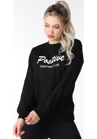 Defys Kadın Bisiklet Yaka Regular Fit Baskılı Sweatshirt Siyah - 499440784 Siyah
