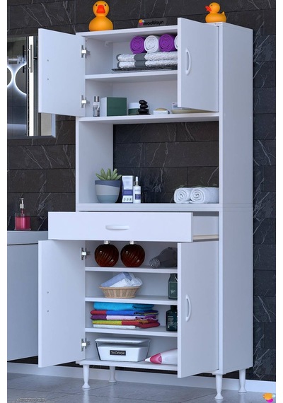 Arda 75 Cm 4 Kapaklı 7 Raflı Ve Çekmeceli Çok Amaçlı Banyo Dolabı 75 Cm
