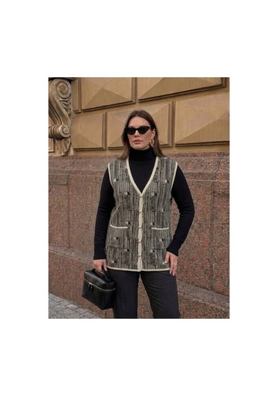 Onno Style Women Desenli Çelik Örgü Klasik Triko Yelek Bej