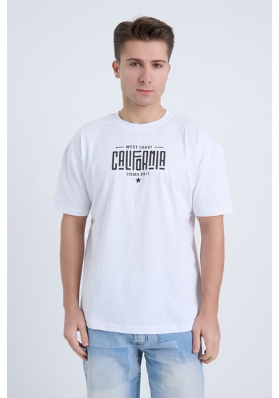 Erkek Oversize Baskılı T-shirt Beyaz California Beyaz