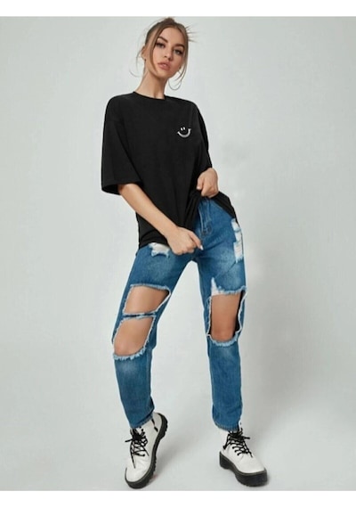 Startmore Kadın Siyah Smile Baskılı Oversize Bisiklet Yaka Kısa Kollu Tişört Siyah