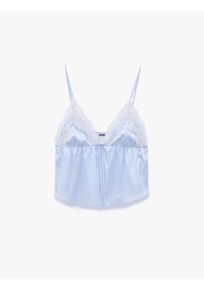 Koton Rahat Kalıp Dantel Detaylı Saten Askılı Pijama Üstü Mavi 6slk90036mw