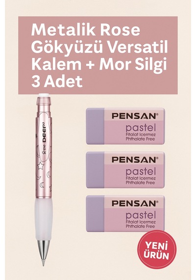 Metalik Mavi 0.7 Versatil Kalem + Pastel Mavi Silgi 3'lü Set Metalik Rose
