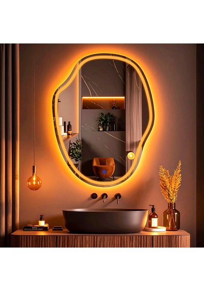 Zelvora Amber Led'li Lazer Kumlamalı Lavabo & Banyo Aynası Dokunmatik Sensörlü 100 X 75 Cm Turuncu