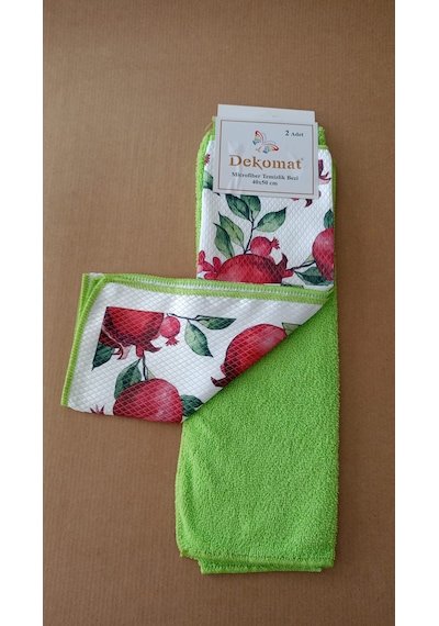 Microfiber Temizlik Bezi 40x50 Cm 2 Adet Nar Çiçeği Bir Adet Baskılı Bir Adet Naturel Yeşil