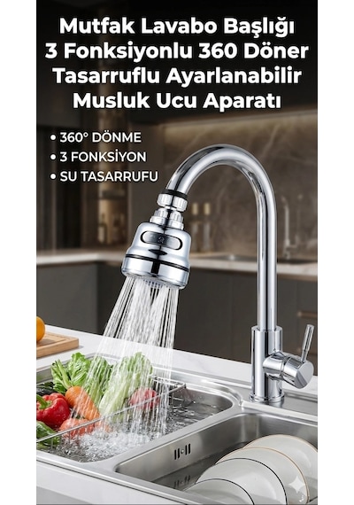 Su Tasarruflu Krom 3 Fonksiyonlu Döner Musluk Ucu Mutfak Evye Banyo Lavabo Çeşme Batarya Aparatı