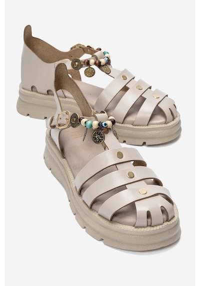 Luvi Shoes Solıs Krem Hakiki Deri Boncuklu Kadın Sandalet