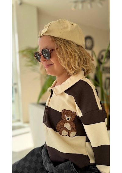 Ponki Unisex Çocuk Yaka Detaylı Teddy Armalı Çizgili Sweatshirt Kahverengi Ponki Unisex Çocuk Yaka Detaylı Teddy Armalı Çizgili Sweatshirt Kahverengi