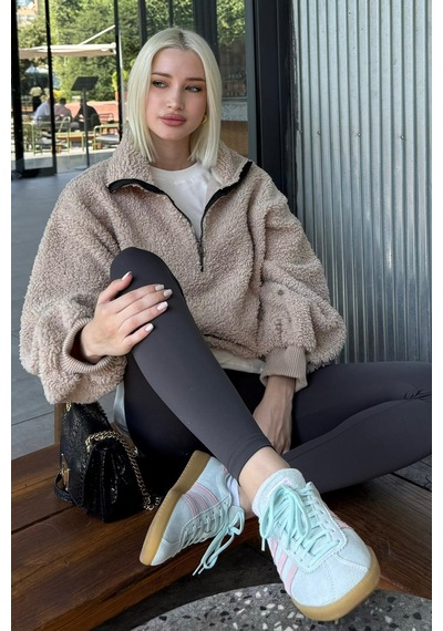 Bej Peluş Fermuar Yaka Sweatshirt Mg1413 Bej