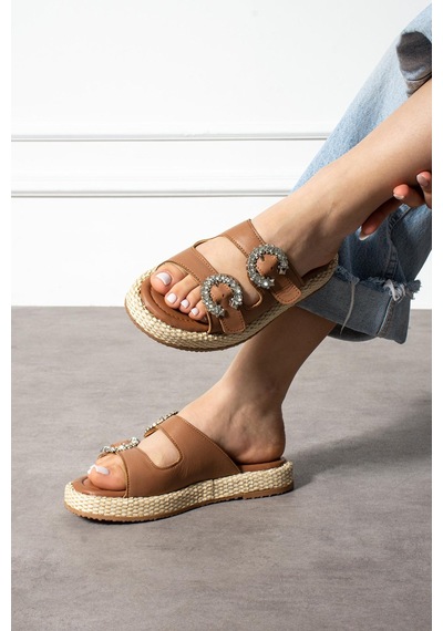 Shoete Spac Kadın Terlik Çift Taşlı Bantlı Hakiki Deri Taba Taba Deri Taba