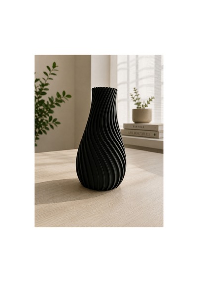 Modern Dalgalı Dekoratif Vazo - Siyah Minimalist Salon Ve Ofis Vazosu Siyah Siyah