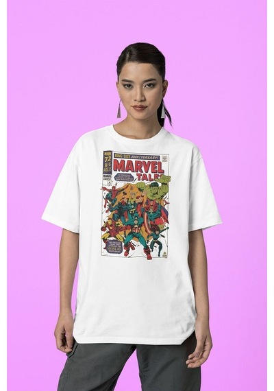 Marvel Tale Kahramanlar Baskılı Dergi Kapağı Baskılı Unisex Overs Beyaz
