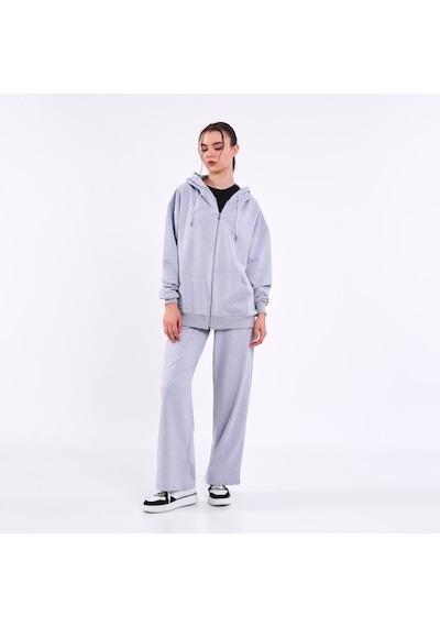 Mmetalic Kadın Gri Normal Kalıp Basic Beli Lastikli Kapüşonlu Oversize Mevsimlik Alt Üst Eşofman Takımı