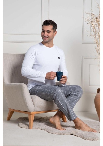 Mecit Pijama Mecit 3054 Erkek Beyaz Ekoseli Büyük Beden Pijama Takımı Beyaz