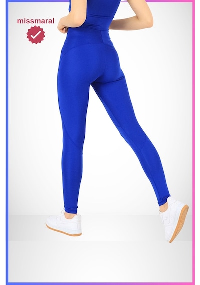 Missmaral Slim Fit Tayt Yüksek Bel Toparlayıcı Saks Mavi Spor Model Flatlock Dikiş Detaylı Oslo 1090 Mavi