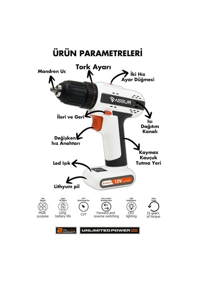 Assur Plus 12V Dahili Batarya Akülü Vidalama Şarjlı Matkap - 2841