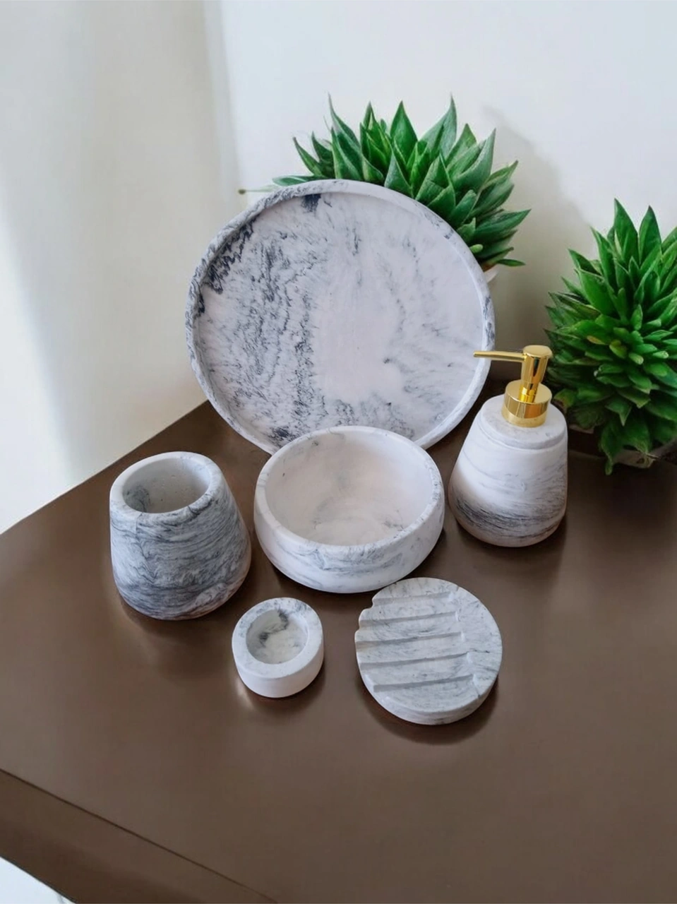 6'lı Mermer Desen Beton Banyo Seti ,sıvı Sabunluk Diş Fırçalığı Aksesuar Takımı Gri