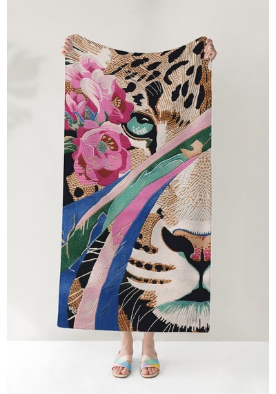 Leopar Çiçekli Safari Plaj Havlusu - Bohem Modern Siyah Pembe Hızlı Kuruyan Mikrofiber Havlu Sakin Mimoza