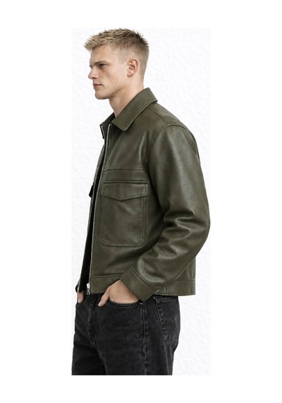 Ohepmoda Oversize Rahat Kalıp Cep Detaylı Erkek Deri Ceket Haki