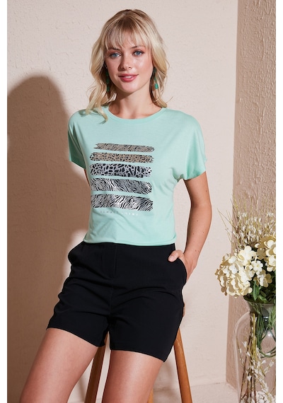 Lela Baskılı Bisiklet Yaka Regular Fit Bayan T Shirt 6671003 Mint