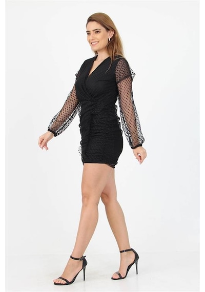 Neşeli Butik Kadın Tül Kruvaze Yaka Yanları Büzgülü Yeni Sezon Mini Elbise Nb10002 Siyah