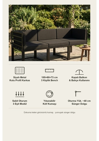 Brio 3'lü Bahçe Balkon Koltuk Takımı Keten Dokuma, Metal Karkas Siyah
