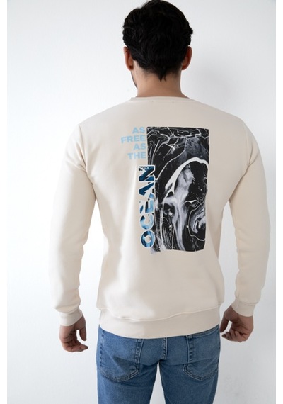 Erkek Bej Renk Kapşonsuz Baskılı Sweatshirt Bej