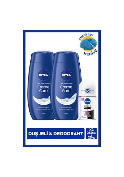 Nıvea Kadın Roll-on Deodorant Black&white Invisible Clear 25ml Ve Creme Care Duş Jeli X2 Adet, Lif Hediye, 72 Saat perspirant Ter Koruması, Avantajlı Paket Bal - Süt