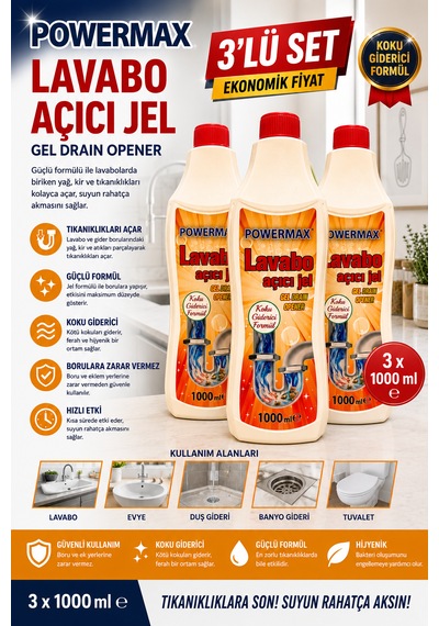 Powermax Lavabo Açıcı Jel 1000 Ml X3 Set Gider Açıcı Jel Mutfak Ve Banyo İçin