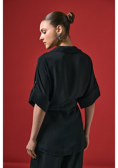 Beli Bağlamalı Kimono Gömlek - Siyah-137288