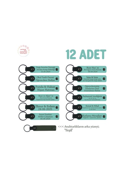 Şirket Etkinliklerinde Hediyelik, 12'li Set, İsim Yazılı Deri Anahtarlık, Turkuaz & Yeşil