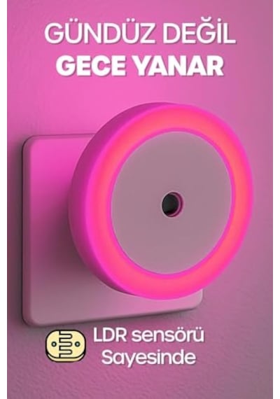 Yuvarlak Otomatik Gece Lambası, Işığa Duyarlı Ldr Sensörlü, Fotoselli Pembe Diğer