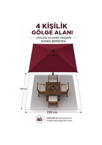 Alubrella Bordo 210x210 Kare 8 Çelik Tel Bahçe Şemsiyesi Bidonlu
