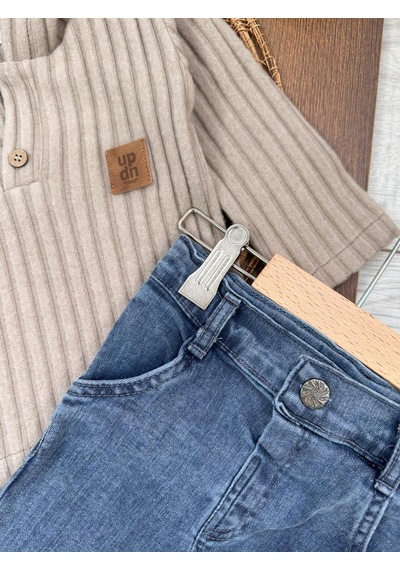 Bebicix Yumuşak Doku Sweatshirt Esnek Kot Pantalonlu Erkek Bebek 2'li Takım Kahverengi
