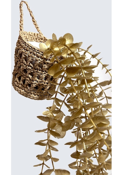 Yapay Çiçek Handmade Asılabilir Sepet Detaylı Gold Okaliptus Sarkıtı yeşil