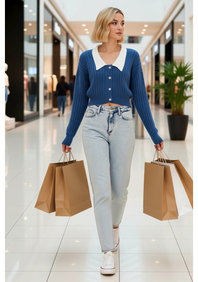 Benerly Kadın Bebe Yaka Detaylı Fitilli Triko Crop Hırka Düşük Omuzlu Uzu Indigo