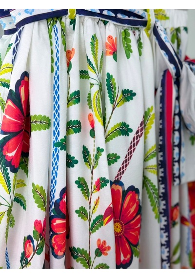 Lovie Moda Karışık Çiçek Desenli Kuşaklı Tesettür Etek Beyaz