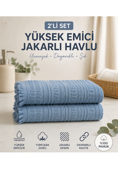 2'li Yüz Havlusu Seti 50x90 Cm Pamuklu El Havlusu Püsküllü Yumuşak Dokulu Yüksek Emici Günlük Kullanım Mavi