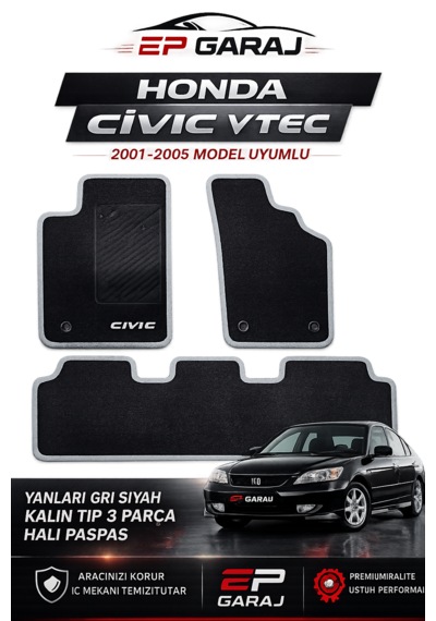 Honda Civic Vtec 2001 2005 Uyumlu Siyah Halı Paspas Kalın Tip