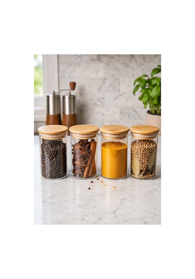 12'li Bambu Vakum Kapaklı Borosilikat Cam Baharat Seti 270 Ml Diğer