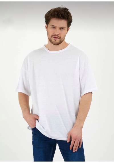 Erkek Oversize Pamuklu Bisiklet Yaka Kısa Kollu T-shirt BEYAZ