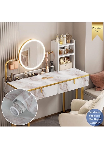 Technosmart 60x100cm Mermer Desen Kendinden Yapışkanlı Duvar Kağıdı Kaplama Mutfak Tezgeh Masa Folyo Beyaz 2